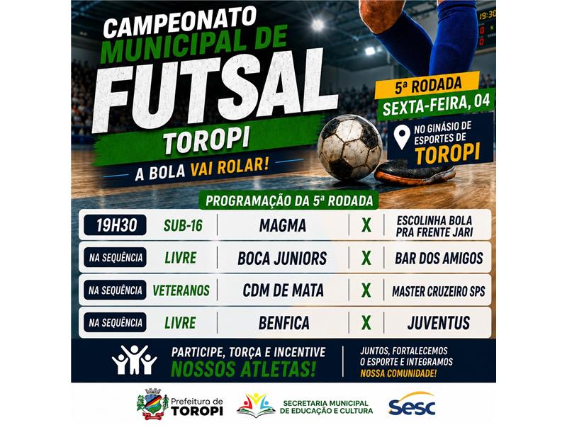 Vem aí a 5ª rodada do Campeonato Municipal de Futsal de Toropi!