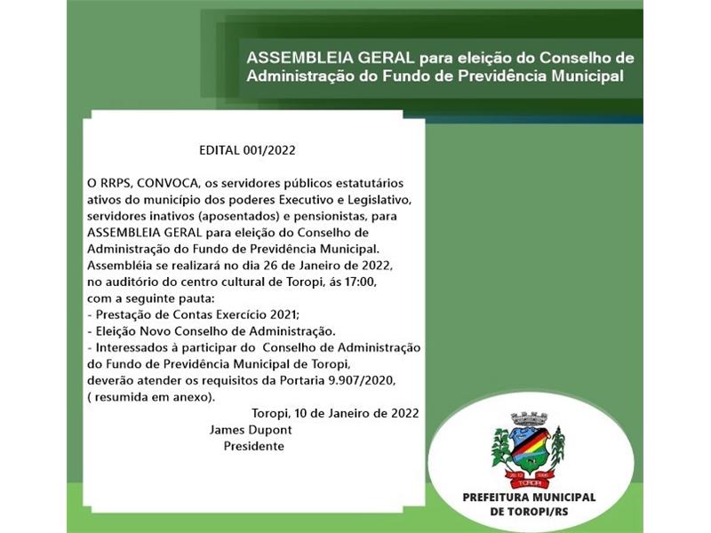 ASSEMBLEIA GERAL para eleição do Conselho de Administração do Fundo de Previdência Municipal