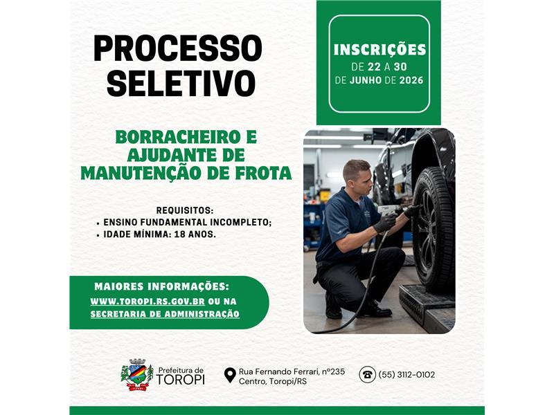 Processo Seletivo para contratação de Borracheiro e Ajudante de Manutenção de Frota