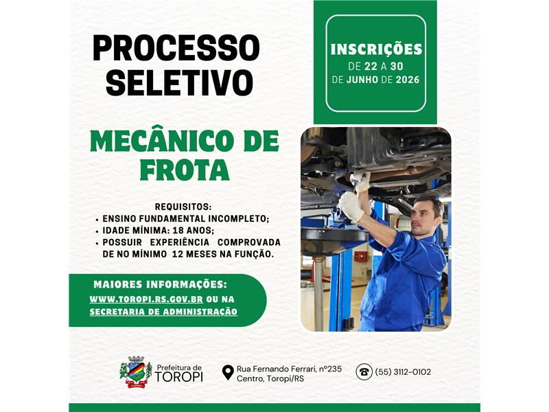 Processo Seletivo para contratação de Mecânico de Frota