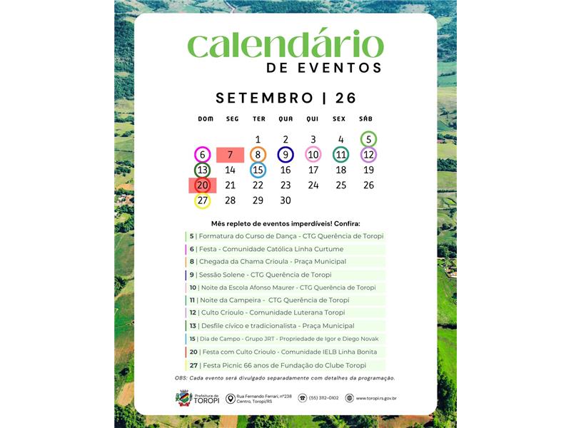 Confira o Calendário de Eventos do mês de Setembro