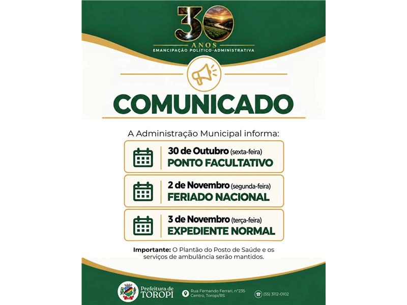 COMUNICADO – FUNCIONAMENTO DOS SERVIÇOS MUNICIPAIS