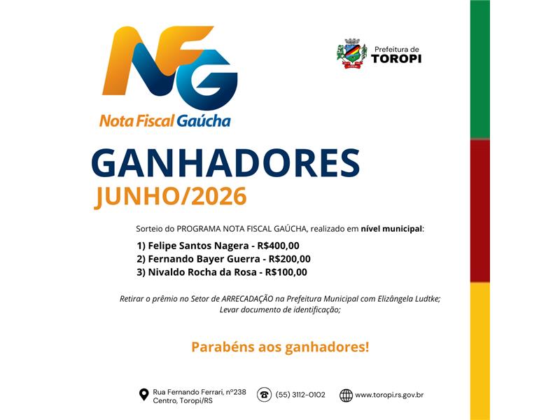 Ganhadores da Nota Fiscal Gaúcha - Junho de 2026