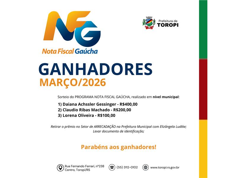 Ganhadores da Nota Fiscal Gaúcha – Março de 2026